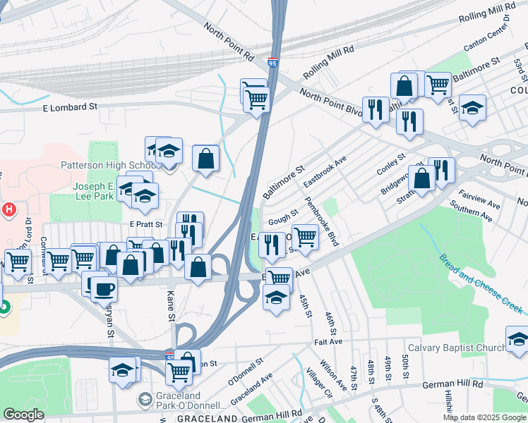map of restaurants, bars, coffee shops, grocery stores, and more near 6801 Eastbrook Avenue in Baltimore