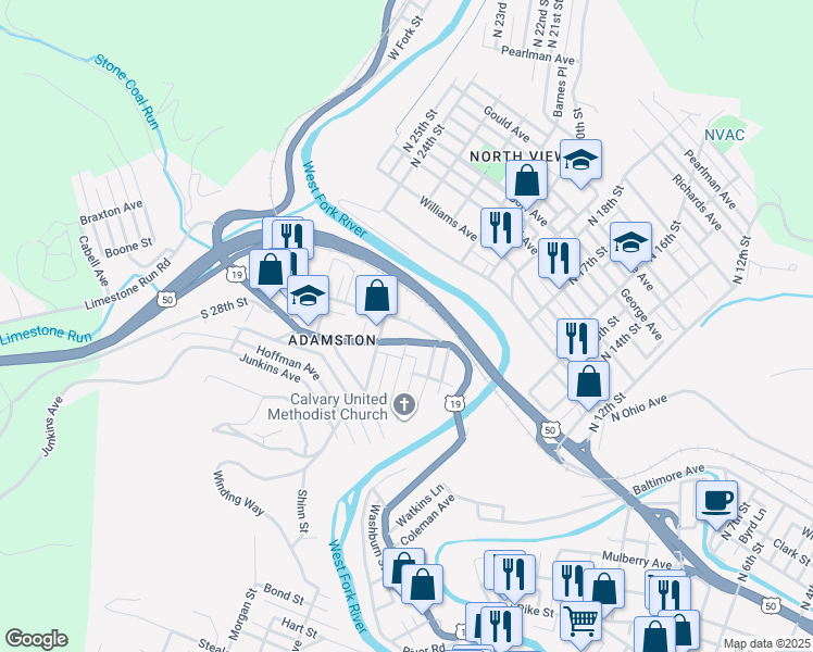 map of restaurants, bars, coffee shops, grocery stores, and more near 1401 Adams Avenue in Clarksburg