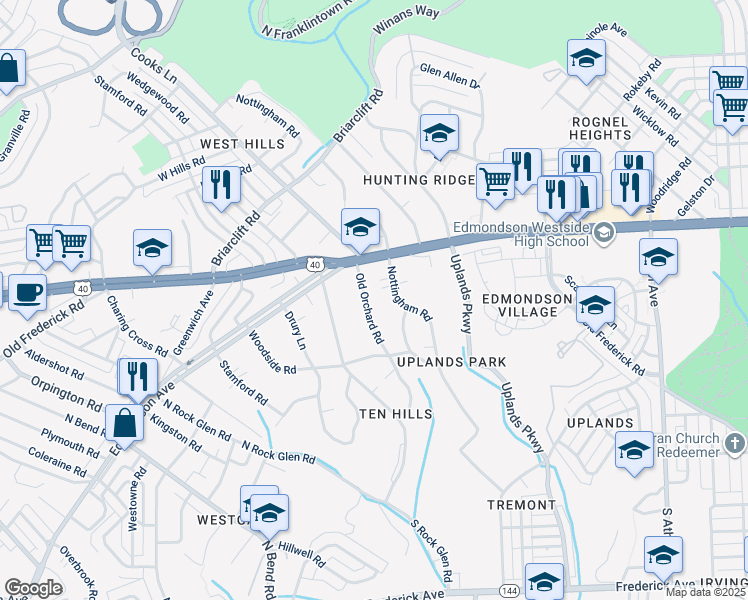 map of restaurants, bars, coffee shops, grocery stores, and more near 517 Old Orchard Road in Baltimore