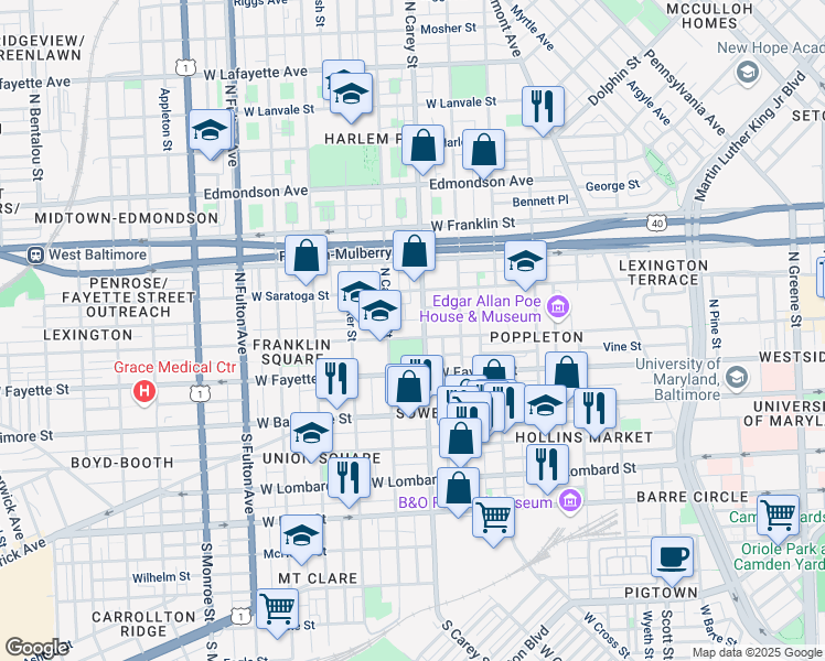 map of restaurants, bars, coffee shops, grocery stores, and more near 1308 West Lexington Street in Baltimore