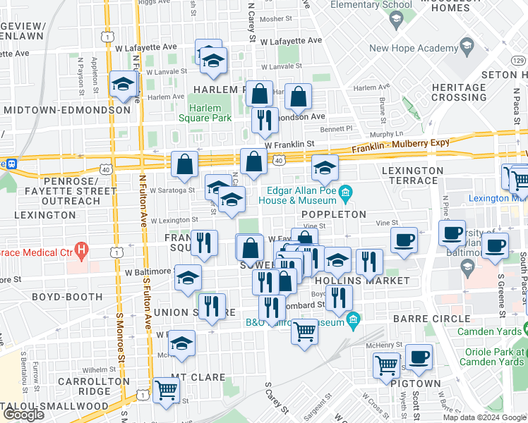 map of restaurants, bars, coffee shops, grocery stores, and more near 205 North Carey Street in Baltimore