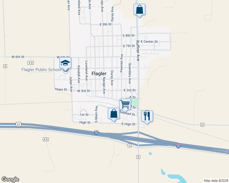 map of restaurants, bars, coffee shops, grocery stores, and more near 224 South Ouray Avenue in Flagler