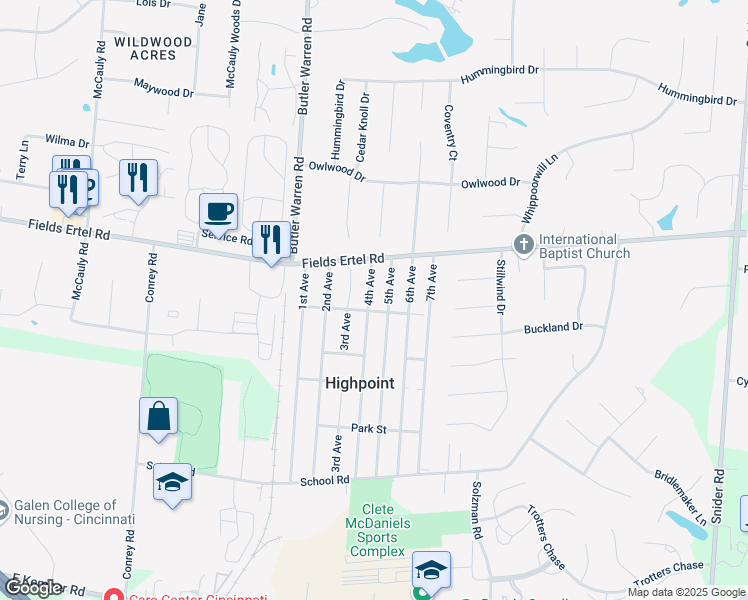 map of restaurants, bars, coffee shops, grocery stores, and more near 12140 4th Avenue in Cincinnati