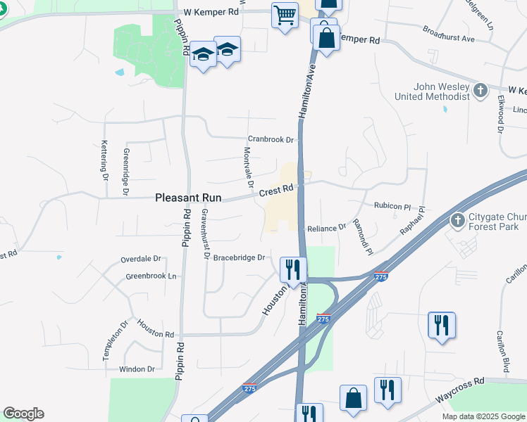 map of restaurants, bars, coffee shops, grocery stores, and more near 11565 Regency Square Court in Cincinnati