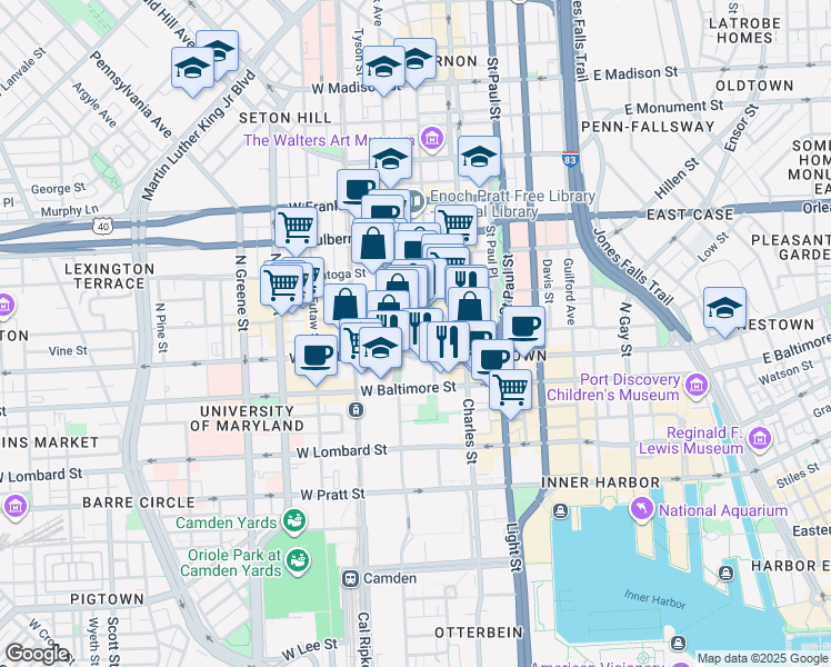 map of restaurants, bars, coffee shops, grocery stores, and more near 39 West Lexington Street in Baltimore