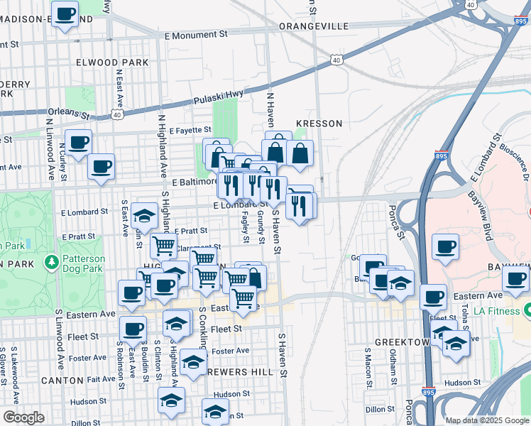 map of restaurants, bars, coffee shops, grocery stores, and more near 155 Grundy Street in Baltimore