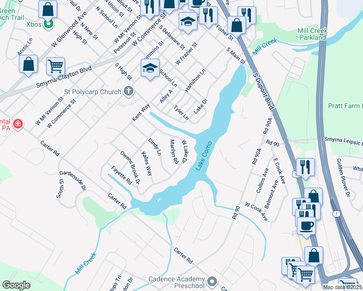 map of restaurants, bars, coffee shops, grocery stores, and more near 562 West Lake Drive in Smyrna