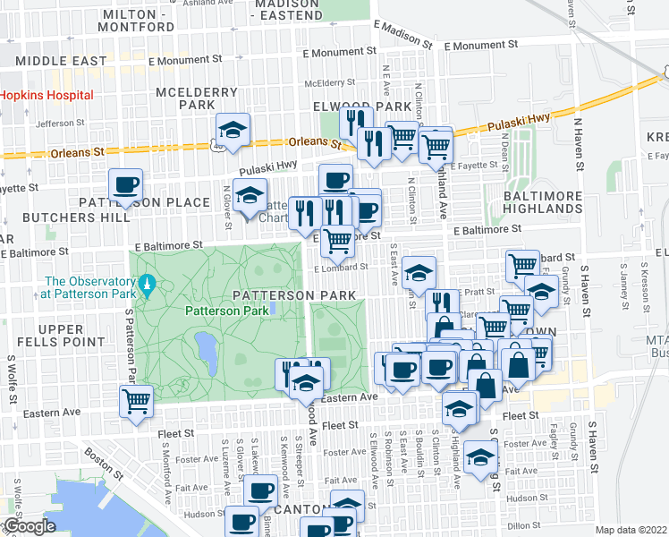 map of restaurants, bars, coffee shops, grocery stores, and more near E Lombard St & S Potomac St in Baltimore