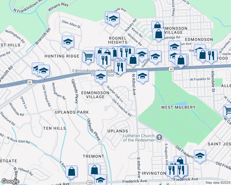 map of restaurants, bars, coffee shops, grocery stores, and more near 4512 Scarlet Oak Lane in Baltimore