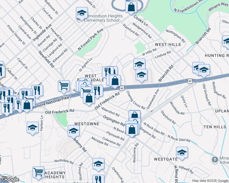 map of restaurants, bars, coffee shops, grocery stores, and more near 5323 Baltimore National Pike in Baltimore