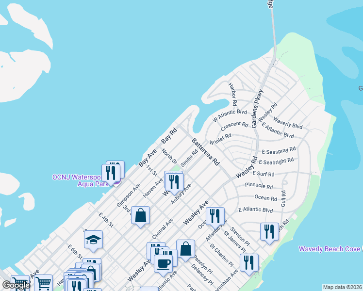 map of restaurants, bars, coffee shops, grocery stores, and more near 43 Simpson Road in Ocean City