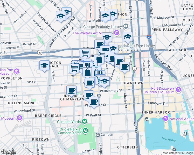 map of restaurants, bars, coffee shops, grocery stores, and more near 118 North Howard Street in Baltimore