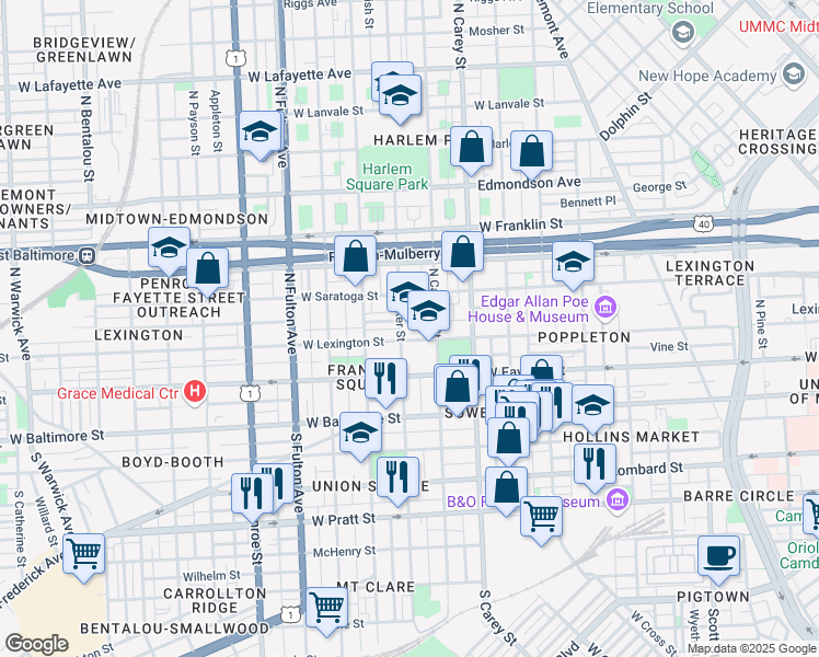 map of restaurants, bars, coffee shops, grocery stores, and more near 1400 West Lexington Street in Baltimore