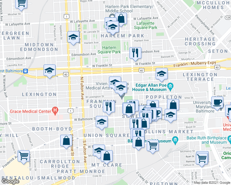 map of restaurants, bars, coffee shops, grocery stores, and more near 1400 West Lexington Street in Baltimore