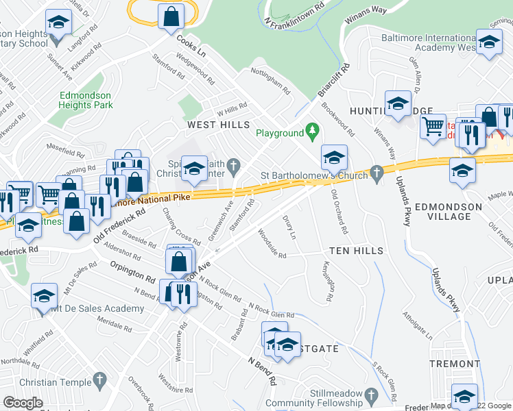 map of restaurants, bars, coffee shops, grocery stores, and more near 621 Stamford Road in Baltimore