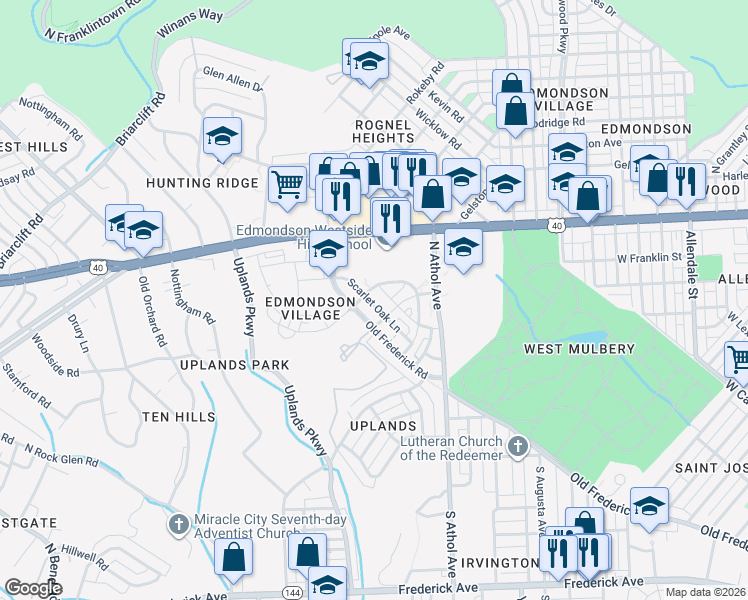 map of restaurants, bars, coffee shops, grocery stores, and more near 4514 Scarlet Oak Lane in Baltimore