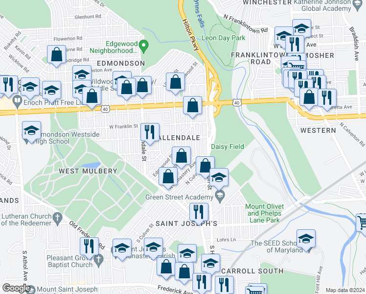 map of restaurants, bars, coffee shops, grocery stores, and more near 318 Denison Street in Baltimore