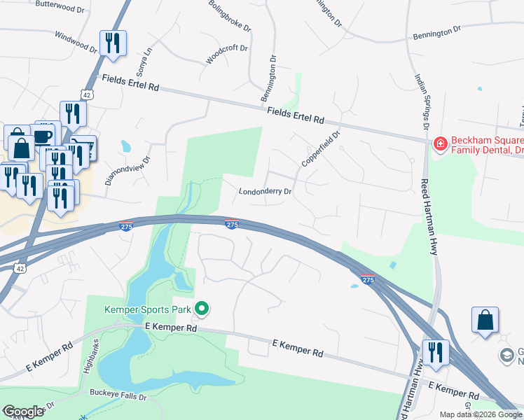 map of restaurants, bars, coffee shops, grocery stores, and more near 5301 Barony Place in Cincinnati
