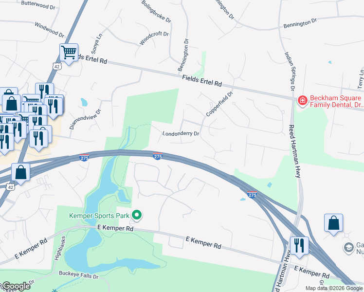 map of restaurants, bars, coffee shops, grocery stores, and more near 5301 Barony Place in Cincinnati