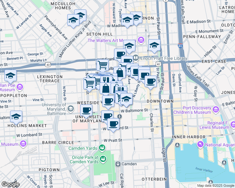 map of restaurants, bars, coffee shops, grocery stores, and more near 118 North Howard Street in Baltimore