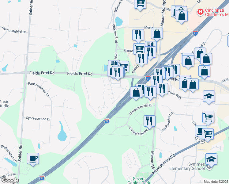 map of restaurants, bars, coffee shops, grocery stores, and more near 8756 Wales Drive in Cincinnati