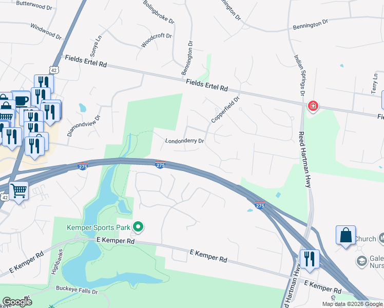 map of restaurants, bars, coffee shops, grocery stores, and more near 5389 Barony Place in Cincinnati