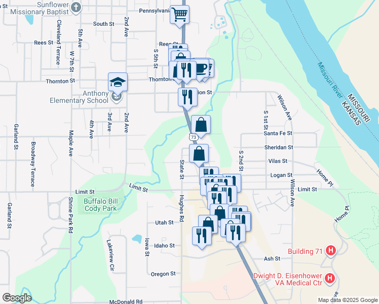map of restaurants, bars, coffee shops, grocery stores, and more near 2608 South 4th Street in Leavenworth