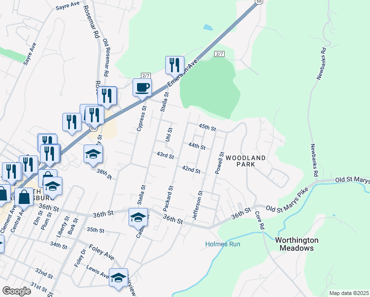 map of restaurants, bars, coffee shops, grocery stores, and more near 4300 Packard Street in Parkersburg