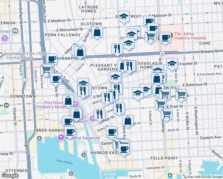 map of restaurants, bars, coffee shops, grocery stores, and more near 1120 East Baltimore Street in Baltimore