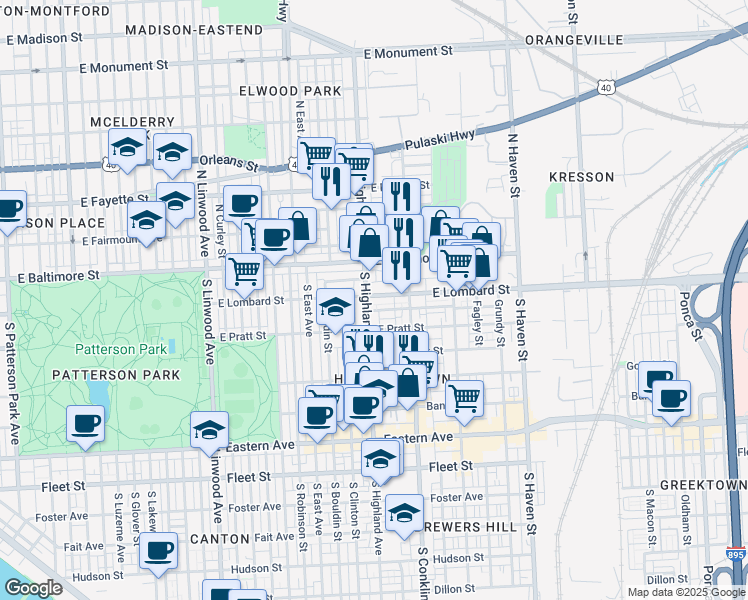 map of restaurants, bars, coffee shops, grocery stores, and more near 3407 East Lombard Street in Baltimore