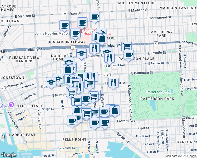 map of restaurants, bars, coffee shops, grocery stores, and more near 9 South Chapel Street in Baltimore