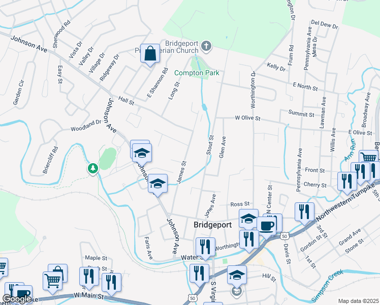 map of restaurants, bars, coffee shops, grocery stores, and more near 526 James Street in Bridgeport