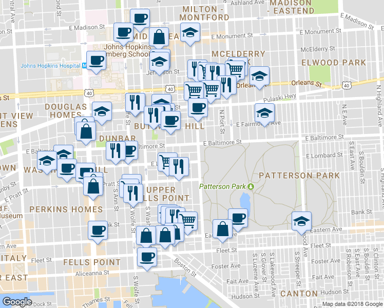 map of restaurants, bars, coffee shops, grocery stores, and more near 2219 Boyer Street in Baltimore