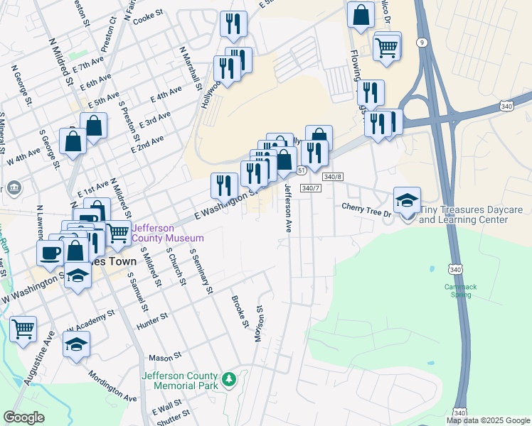 map of restaurants, bars, coffee shops, grocery stores, and more near 79 Alla Willa Drive in Charles Town