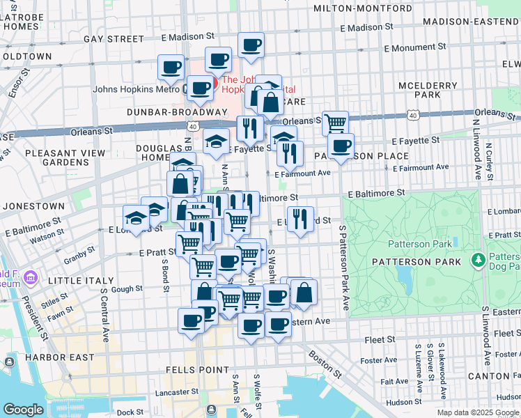map of restaurants, bars, coffee shops, grocery stores, and more near 9 South Chapel Street in Baltimore