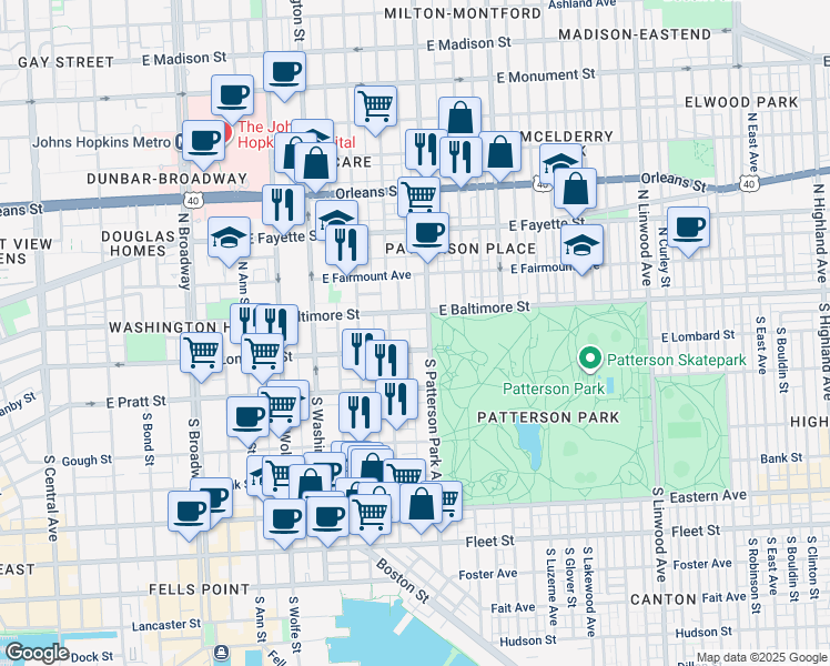 map of restaurants, bars, coffee shops, grocery stores, and more near 2219 Boyer Street in Baltimore
