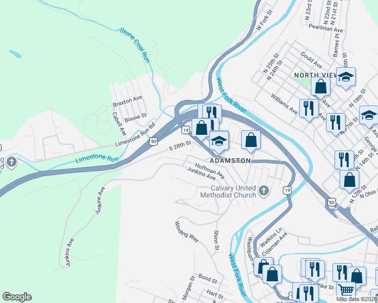 map of restaurants, bars, coffee shops, grocery stores, and more near 1736 Fairmont Ave in Clarksburg