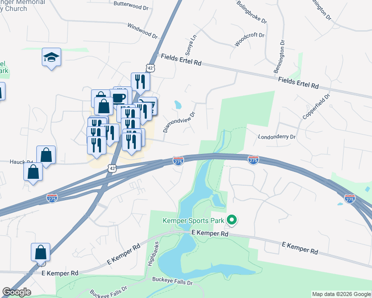 map of restaurants, bars, coffee shops, grocery stores, and more near 4177 Crystal View Court in Cincinnati