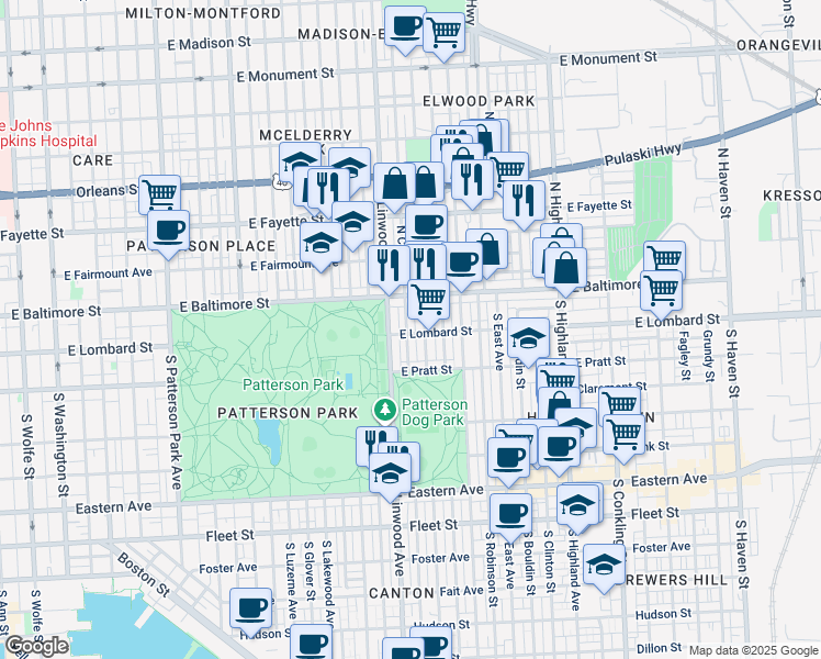 map of restaurants, bars, coffee shops, grocery stores, and more near 37 South Curley Street in Baltimore