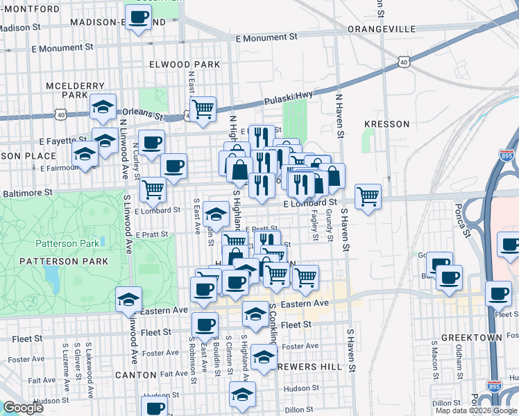 map of restaurants, bars, coffee shops, grocery stores, and more near 3505 East Lombard Street in Baltimore