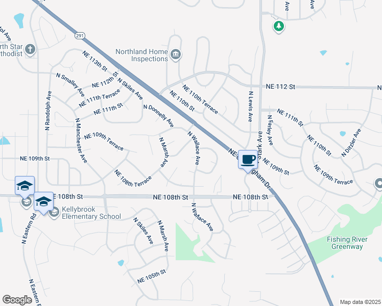 map of restaurants, bars, coffee shops, grocery stores, and more near 10932 North Wallace Avenue in Kansas City