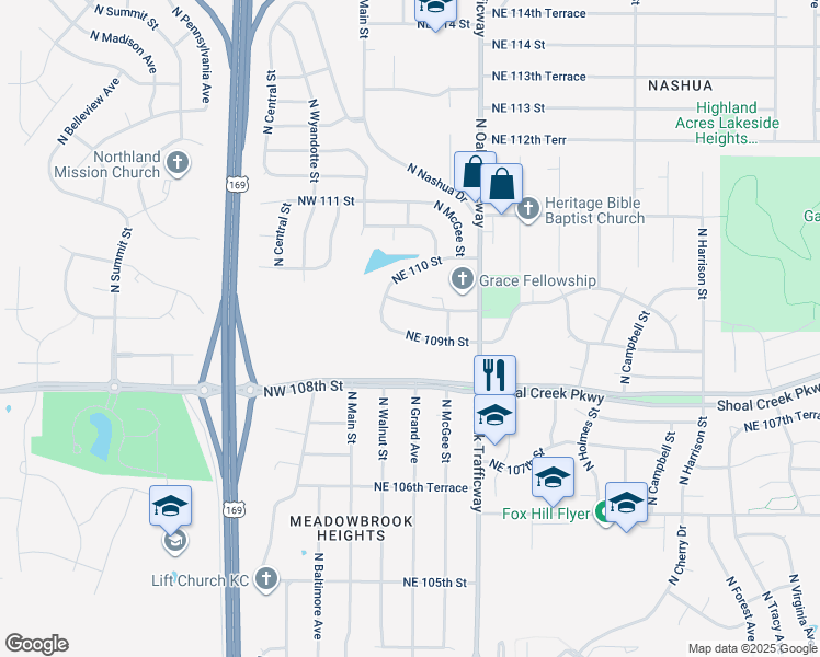 map of restaurants, bars, coffee shops, grocery stores, and more near 201 Northeast 109th Street in Kansas City