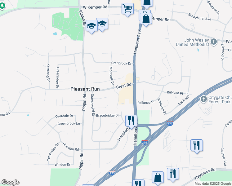 map of restaurants, bars, coffee shops, grocery stores, and more near 11565 Regency Square Court in Cincinnati