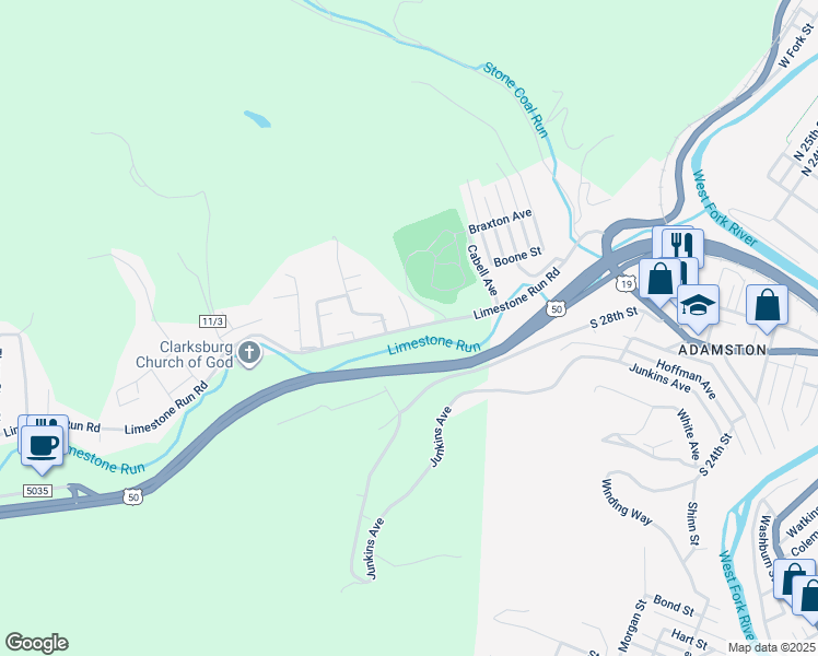 map of restaurants, bars, coffee shops, grocery stores, and more near Limestone Run Road in Clarksburg