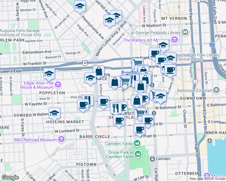map of restaurants, bars, coffee shops, grocery stores, and more near W Lexington St & N Arch St in Baltimore