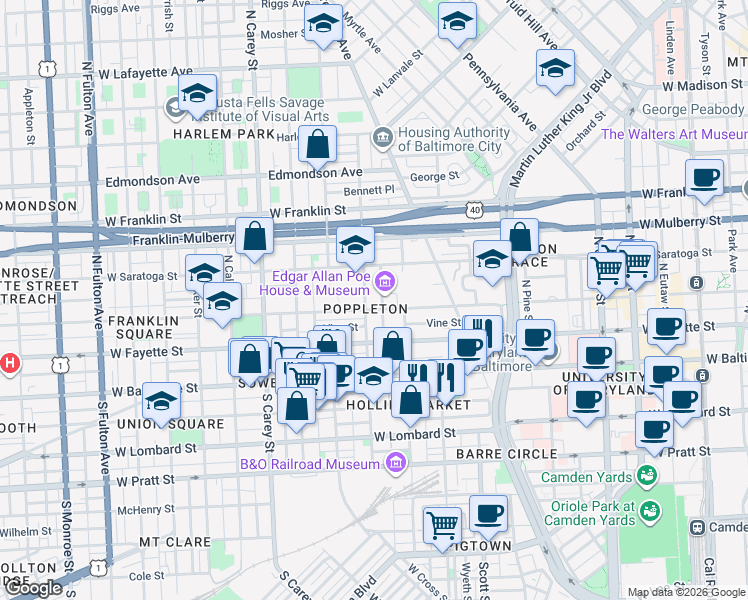 map of restaurants, bars, coffee shops, grocery stores, and more near 201 North Schroeder Street in Baltimore