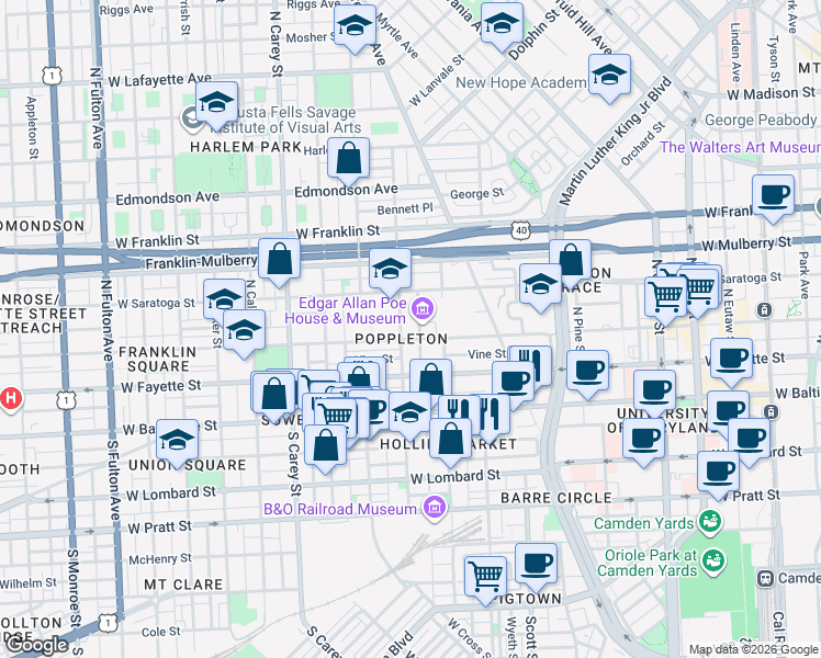 map of restaurants, bars, coffee shops, grocery stores, and more near 201 North Schroeder Street in Baltimore