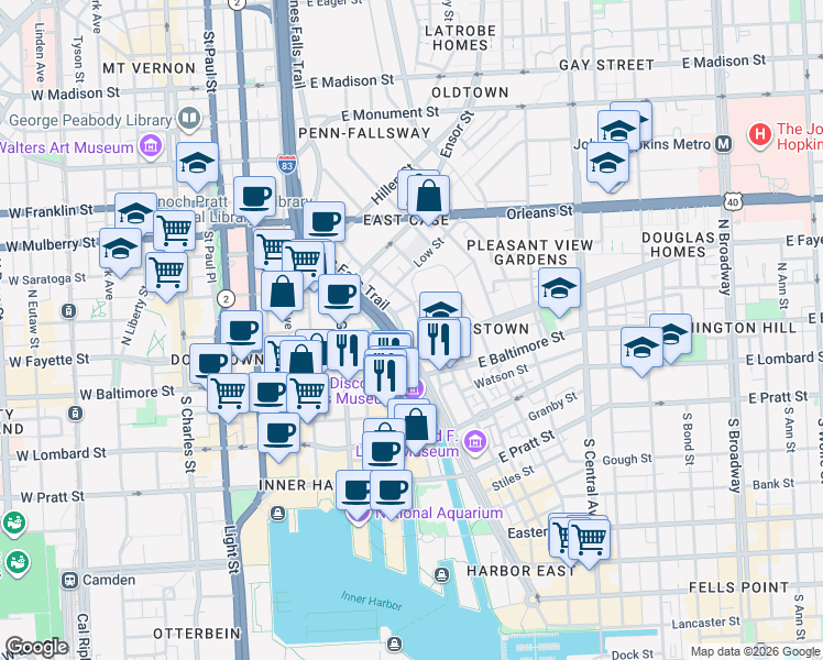 map of restaurants, bars, coffee shops, grocery stores, and more near 120 North Front Street in Baltimore