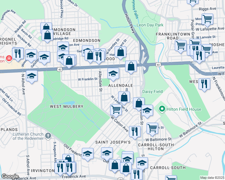map of restaurants, bars, coffee shops, grocery stores, and more near 323 North Grantley Street in Baltimore