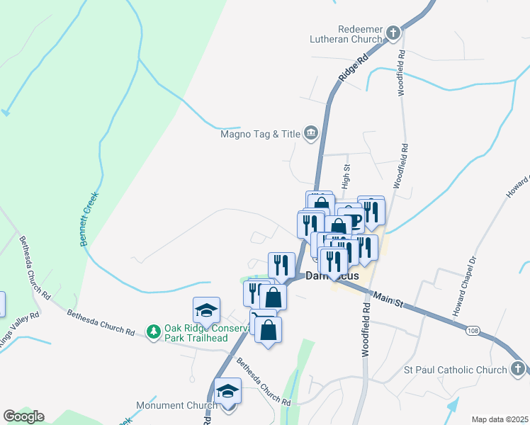map of restaurants, bars, coffee shops, grocery stores, and more near 10041 Lewis Drive in Damascus